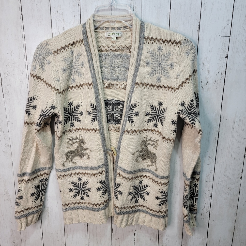 Orvis Women's Chunky Knit Reindeer Snowflake Cardigan Size Small.